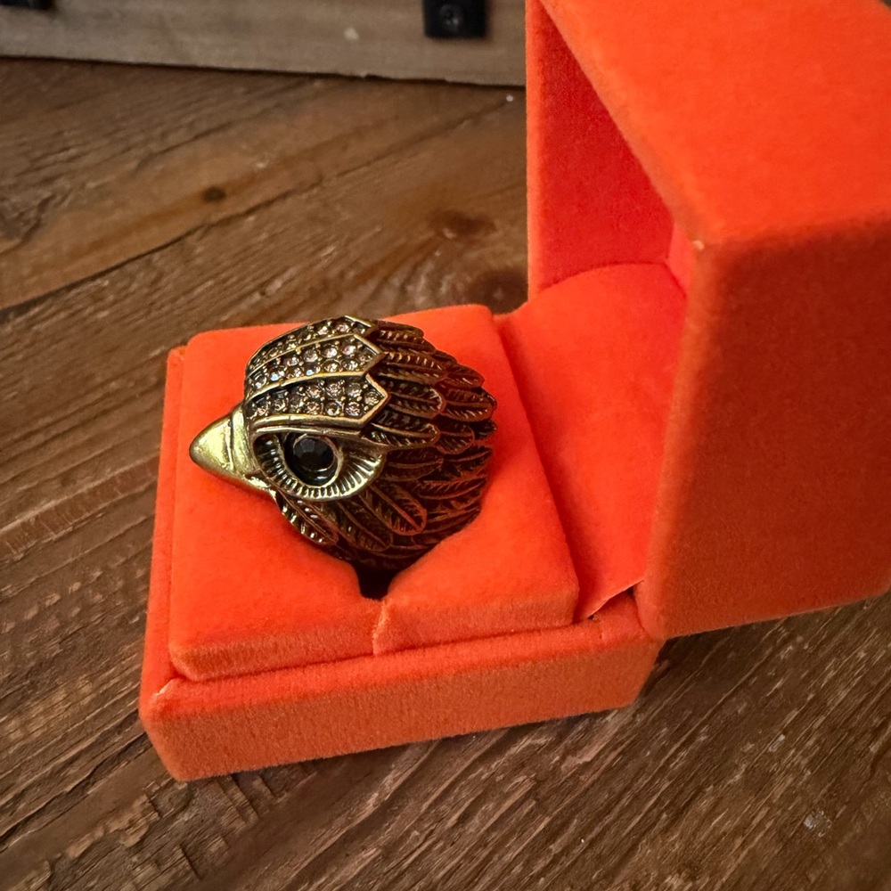 Kurt Geiger Gold-Tone Owl Statement Ring with Crystal Accents size 7